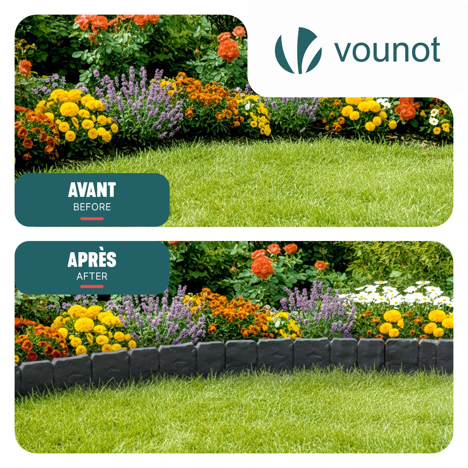 Bordure de jardin imitation pierre 10m gris - Hauteur 23cm - Clôture gazon décorative en PP - Lot de 40 - VOUNOT® - Image 7