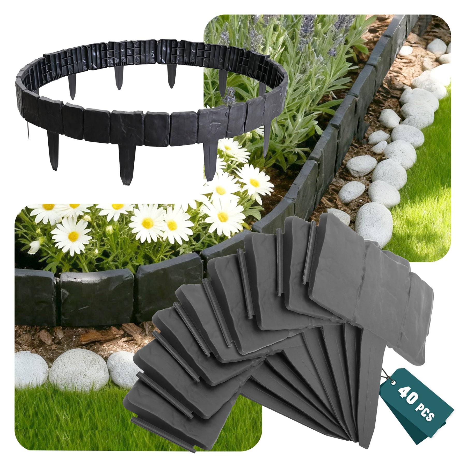 Bordure de jardin imitation pierre 10m gris - Hauteur 23cm - Clôture gazon décorative en PP - Lot de 40 - VOUNOT® - Image 1