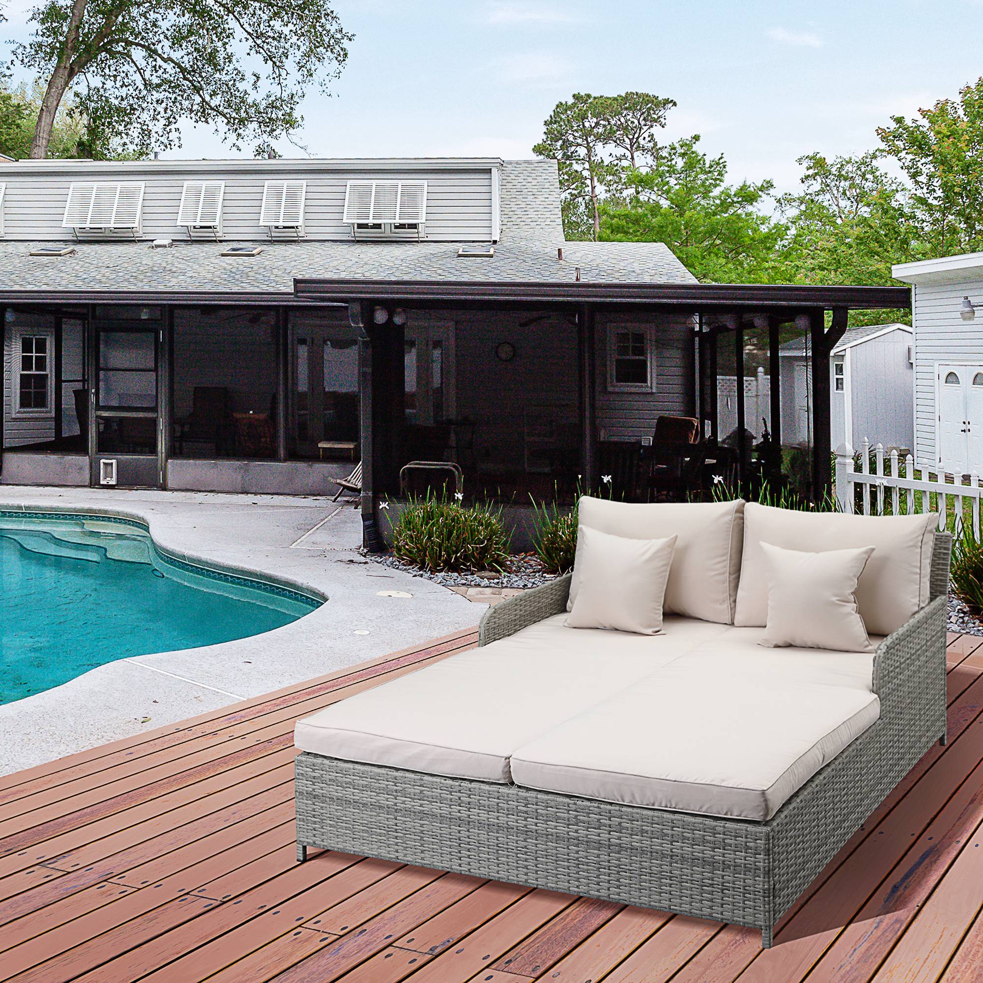 Outsunny - Lit canapé double pour jardin en résine tressée PE avec matelas, accoudoirs et 4 coussins dim. 158L x 134l x 70H cm - gris et beige - Outsunny - Image 2