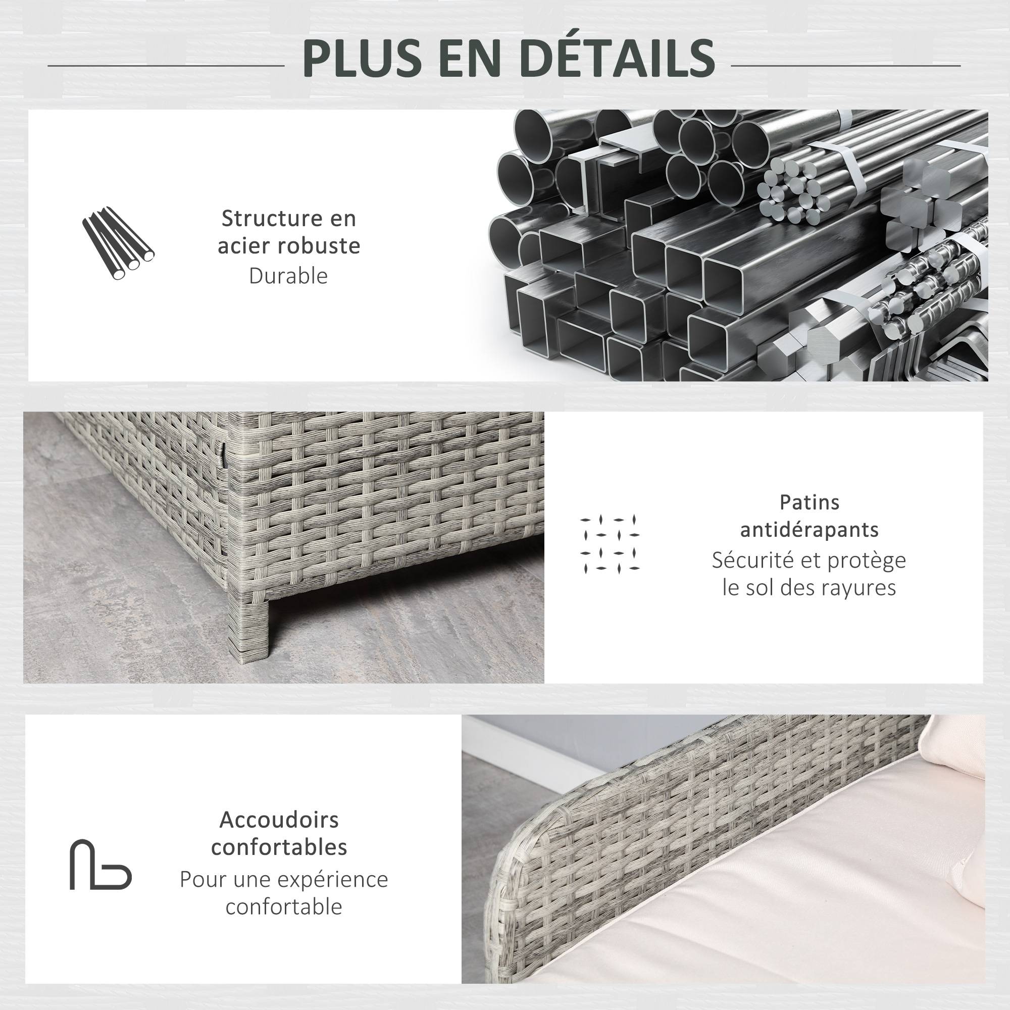 Outsunny - Lit canapé double pour jardin en résine tressée PE avec matelas, accoudoirs et 4 coussins dim. 158L x 134l x 70H cm - gris et beige - Outsunny - Image 6