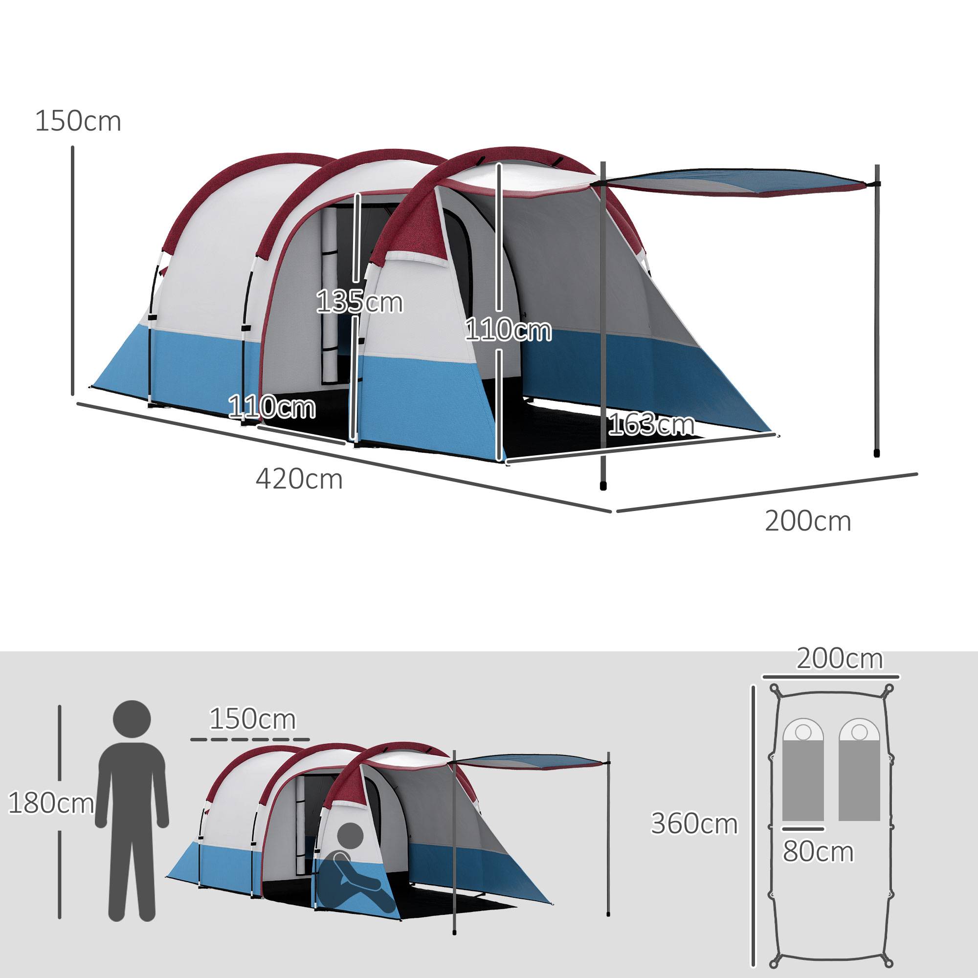ComfortXL - Tente camping polyester 2 personnes chambre séjour imperméable 420 x 200 x 150 cm multicolore - ComfortXL Outdoor Living - Image 5