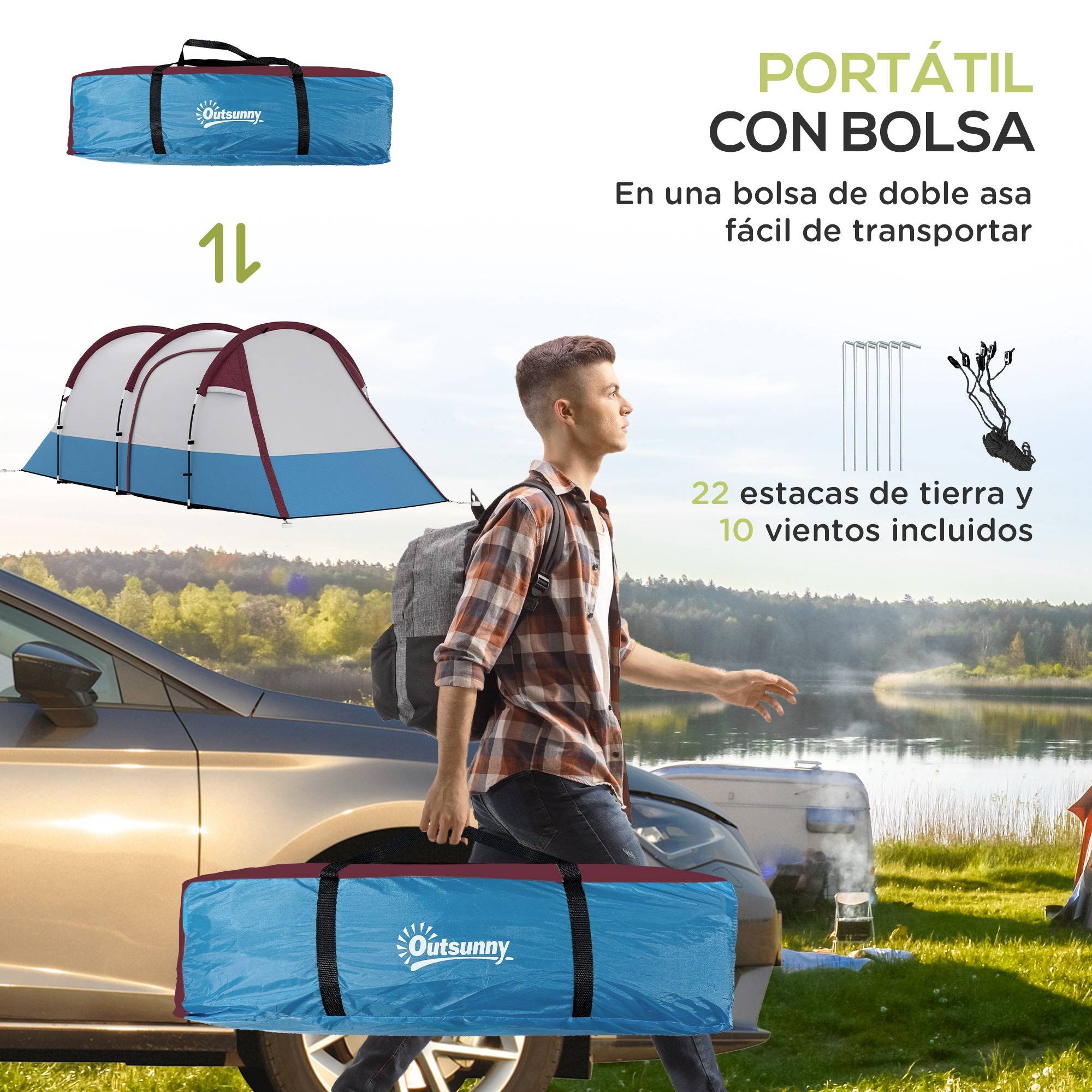 ComfortXL - Tente camping polyester 2 personnes chambre séjour imperméable 420 x 200 x 150 cm multicolore - ComfortXL Outdoor Living - Image 9