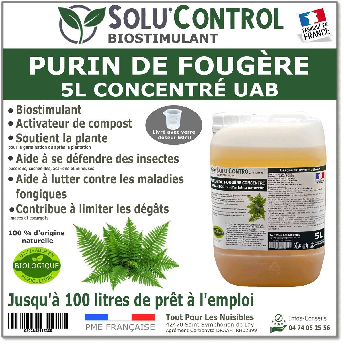 Tout pour les nuisibles - SOLU'CONTROL - Purin de Fougère Solu’Control – 5L Concentré – Biostimulant Naturel – Aide à Se Défendre des Insectes & Maladies Fongiques - Image 1