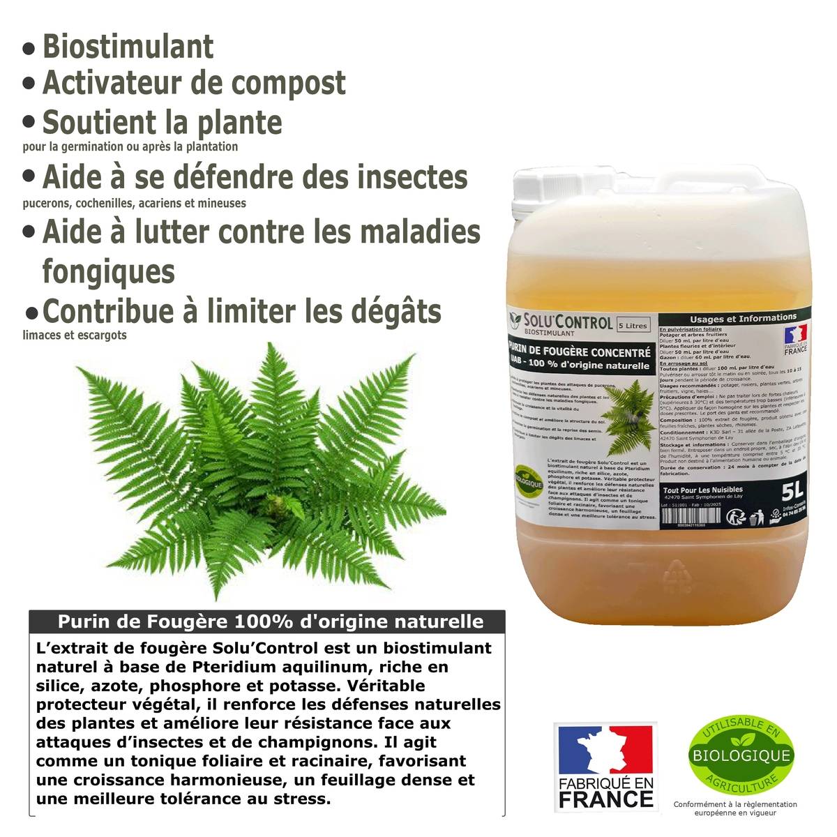 Tout pour les nuisibles - SOLU'CONTROL - Purin de Fougère Solu’Control – 5L Concentré – Biostimulant Naturel – Aide à Se Défendre des Insectes & Maladies Fongiques - Image 2