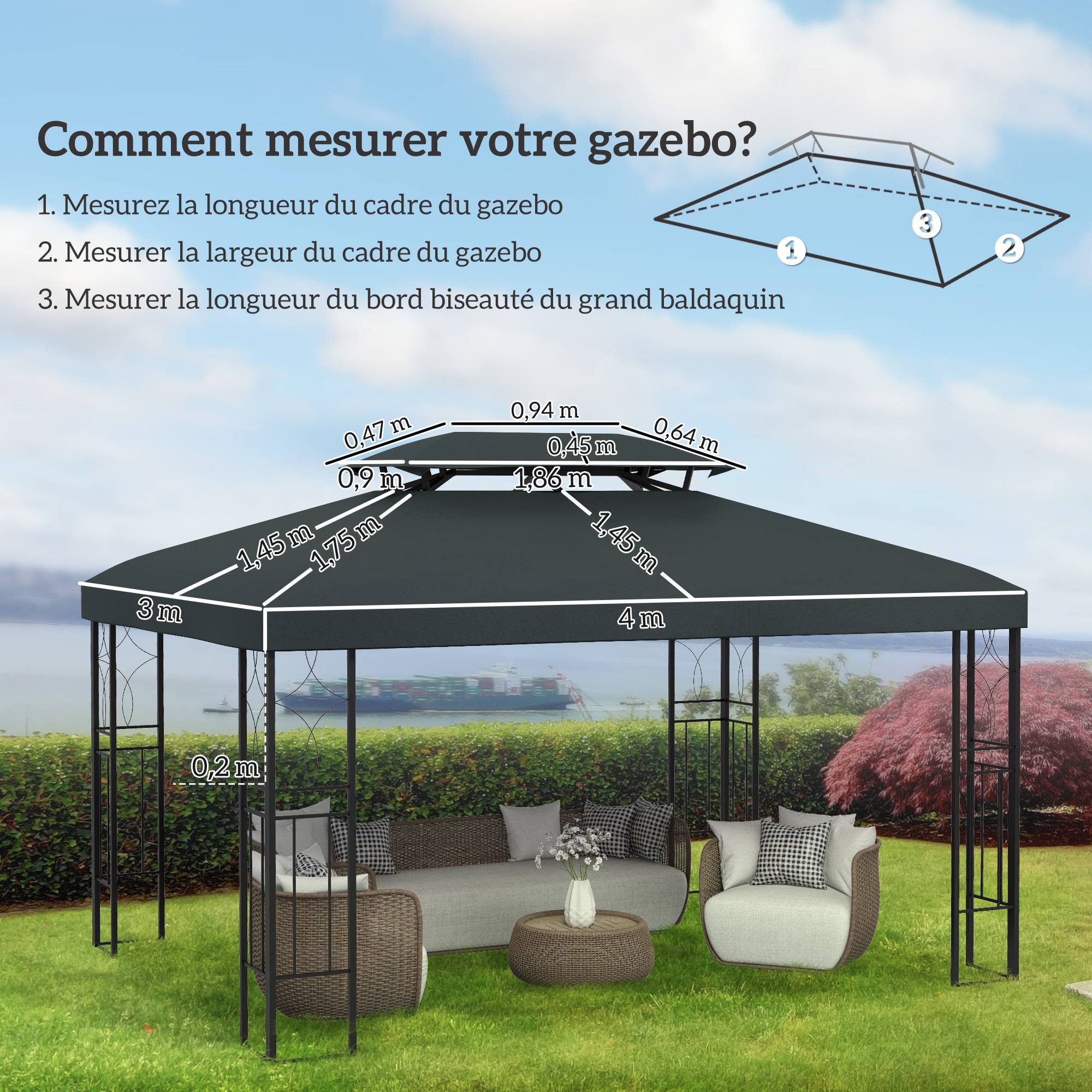 Toile de rechange pour pavillon tonnelle tente 3 x 4 m polyester haute densité 180 g/m² gris - Image 5