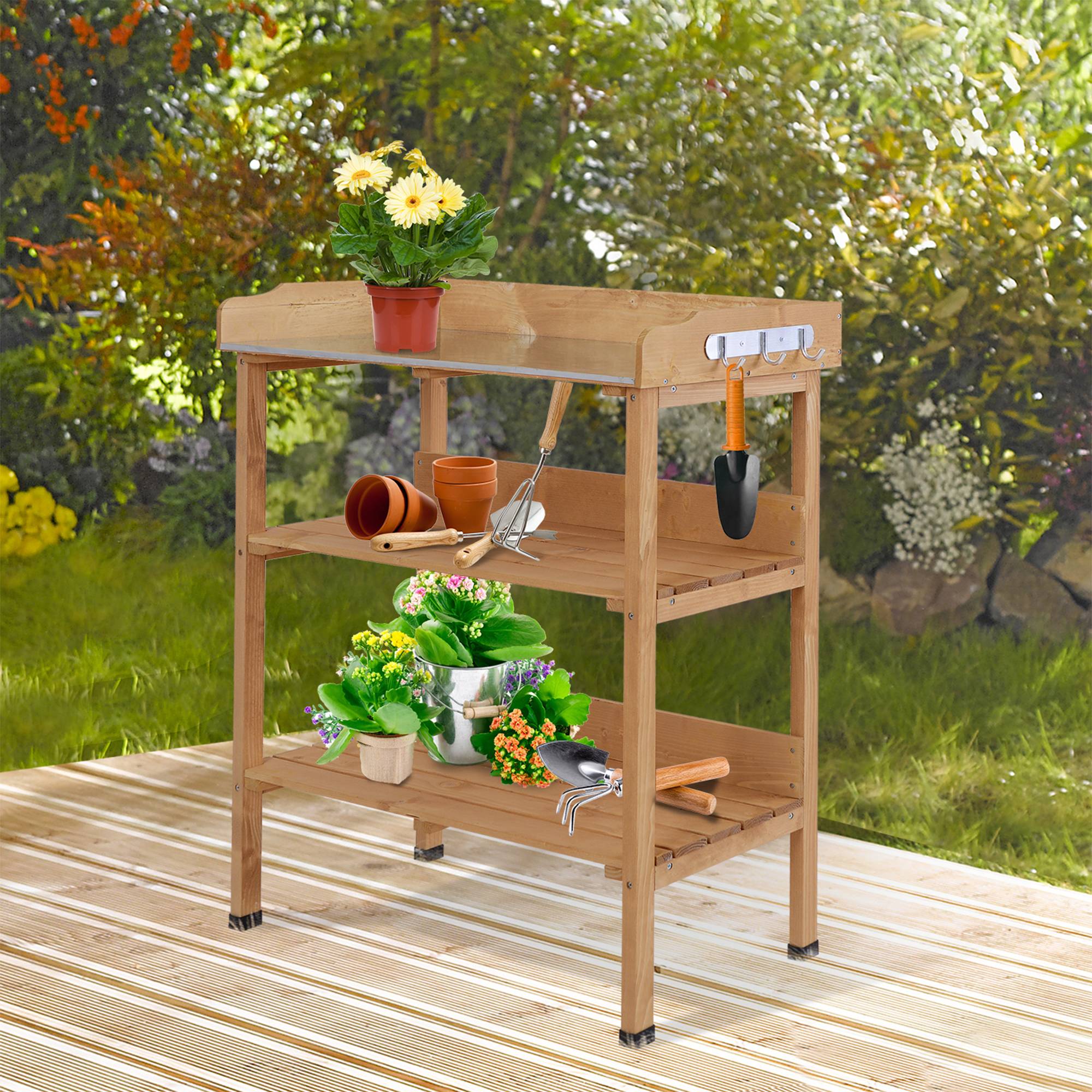 Table de Rempotage en Bois de Sapin Pré-Huilé, Plateau Acier Galvanisé, 2 Étagères et 3 Crochets - Image 4