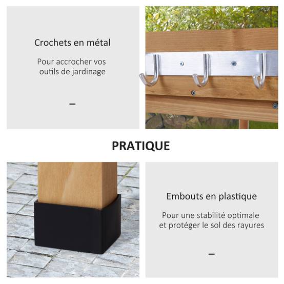 Table de Rempotage en Bois de Sapin Pré-Huilé, Plateau Acier Galvanisé, 2 Étagères et 3 Crochets - Image 8