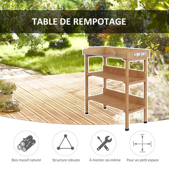 Table de Rempotage en Bois de Sapin Pré-Huilé, Plateau Acier Galvanisé, 2 Étagères et 3 Crochets - Image 6