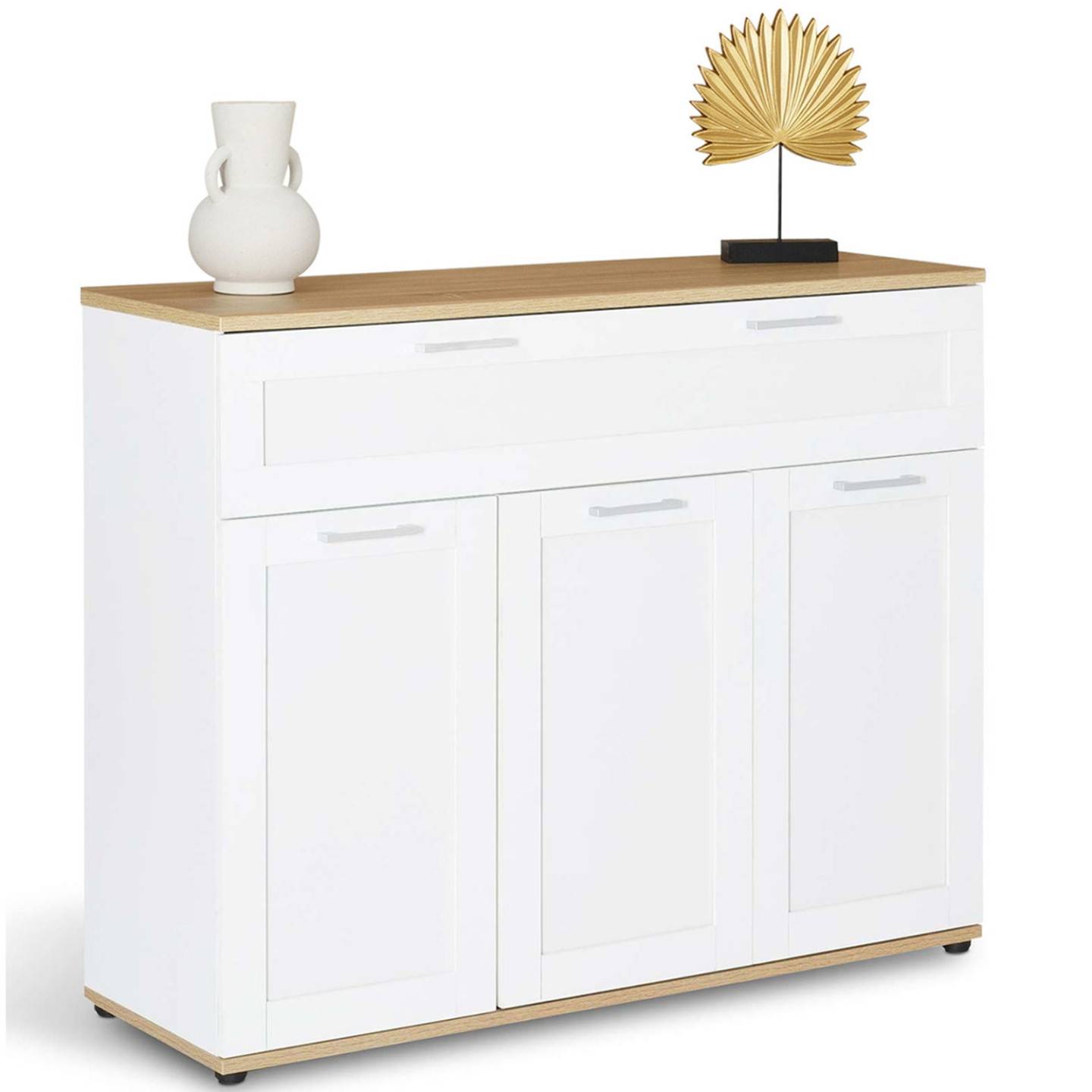 Buffet 100 cm VITO 3 portes et 1 tiroir blanc et plateau bois - Image 2