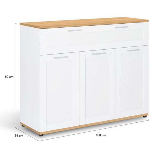 Buffet 100 cm VITO 3 portes et 1 tiroir blanc et plateau bois - Image 5