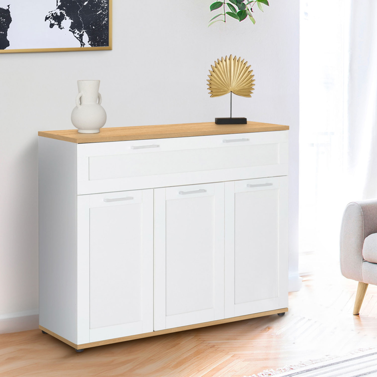 Buffet 100 cm VITO 3 portes et 1 tiroir blanc et plateau bois - Image 1