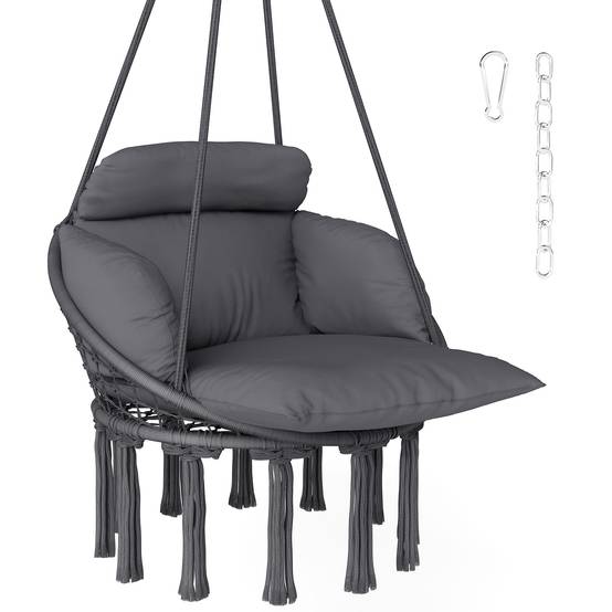 Chaise suspendue bohème acier salon terrasse coussin rembourré franges 80x60x40cm gris foncé - ComfortXL Outdoor Living - Image 1