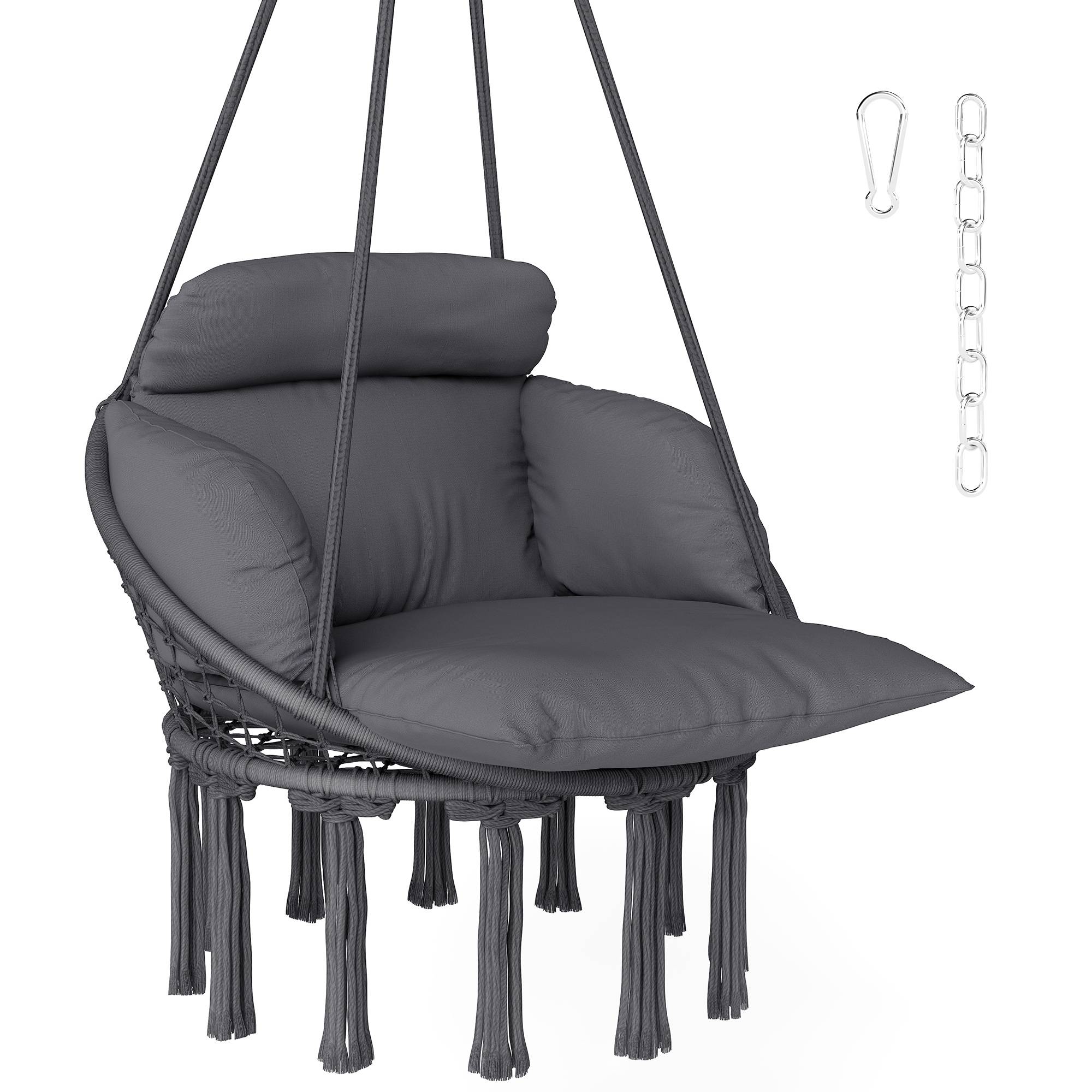 Chaise suspendue bohème acier salon terrasse coussin rembourré franges 80x60x40cm gris foncé - ComfortXL Outdoor Living - Image 1