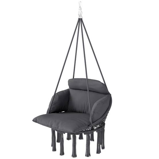 Chaise suspendue bohème acier salon terrasse coussin rembourré franges 80x60x40cm gris foncé - ComfortXL Outdoor Living - Image 2