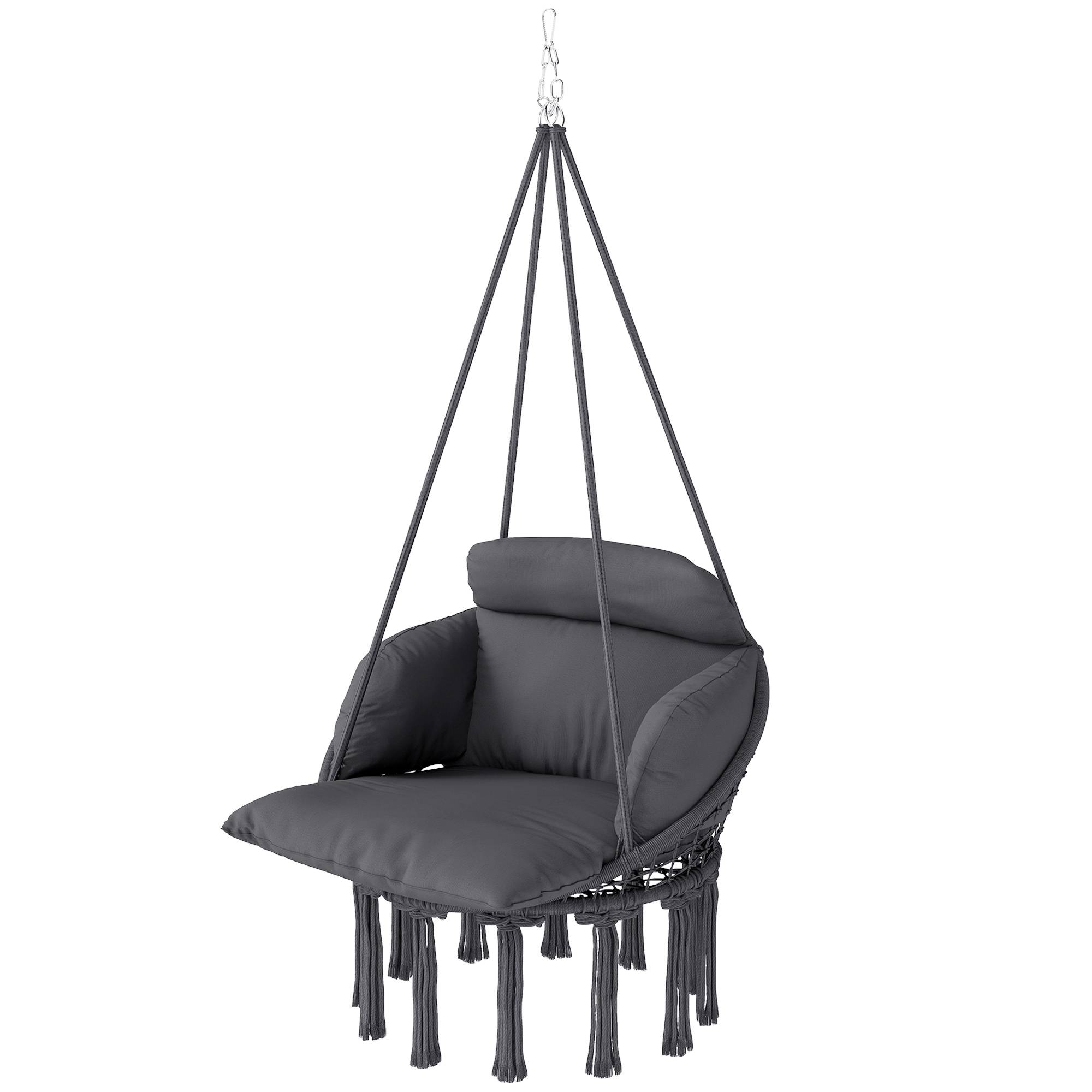 Chaise suspendue bohème acier salon terrasse coussin rembourré franges 80x60x40cm gris foncé - ComfortXL Outdoor Living - Image 2