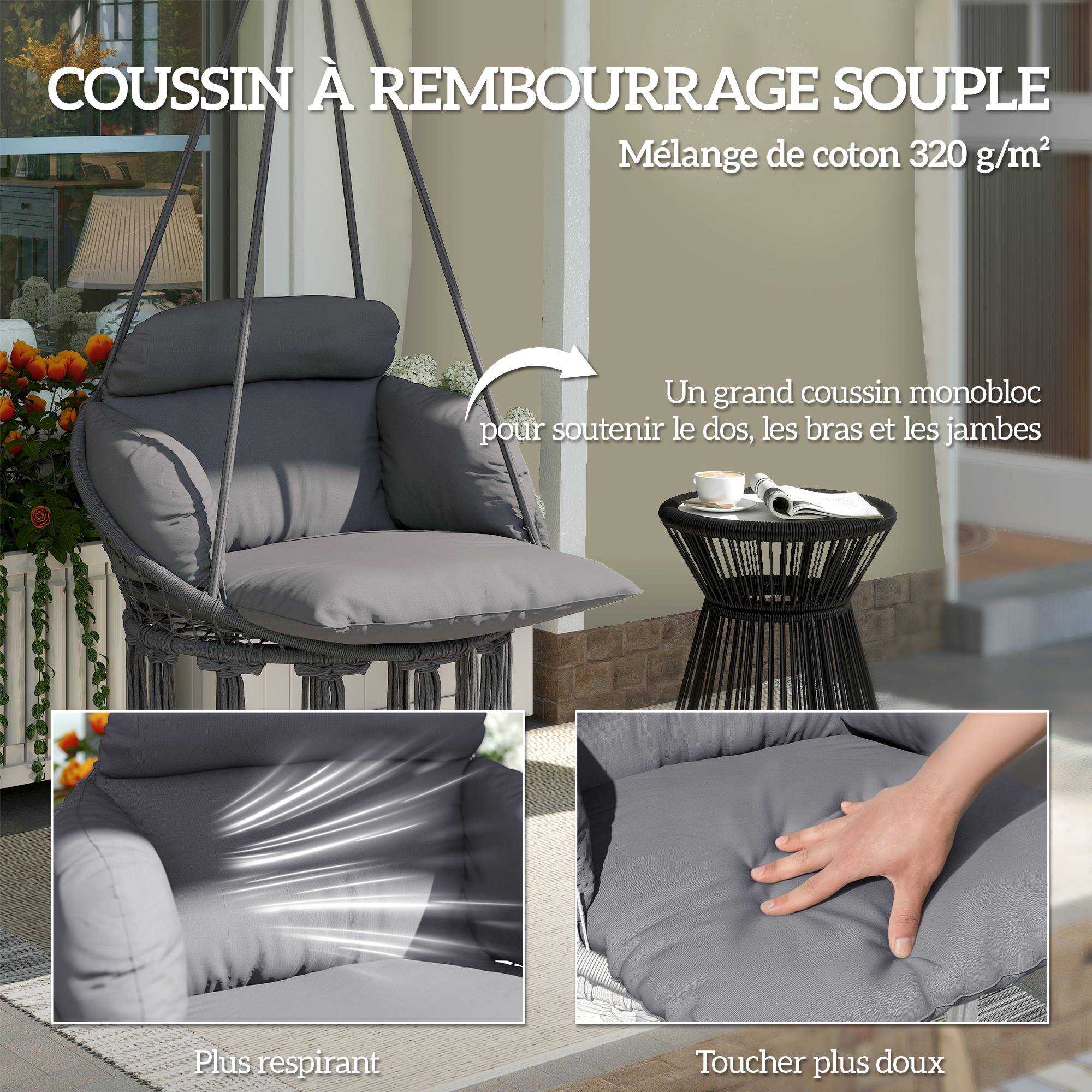 Chaise suspendue bohème acier salon terrasse coussin rembourré franges 80x60x40cm gris foncé - ComfortXL Outdoor Living - Image 6