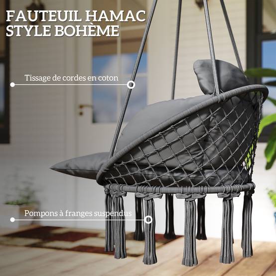 Chaise suspendue bohème acier salon terrasse coussin rembourré franges 80x60x40cm gris foncé - ComfortXL Outdoor Living - Image 7