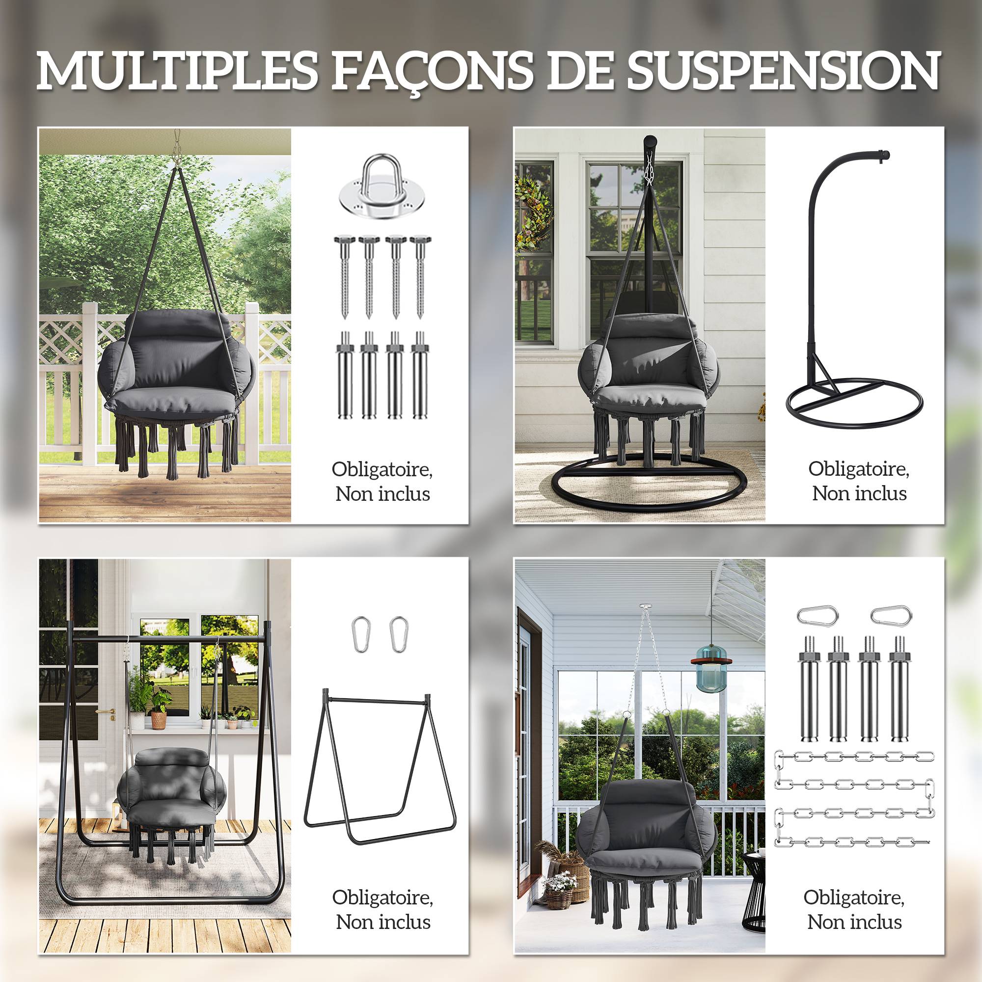 Chaise suspendue bohème acier salon terrasse coussin rembourré franges 80x60x40cm gris foncé - ComfortXL Outdoor Living - Image 9