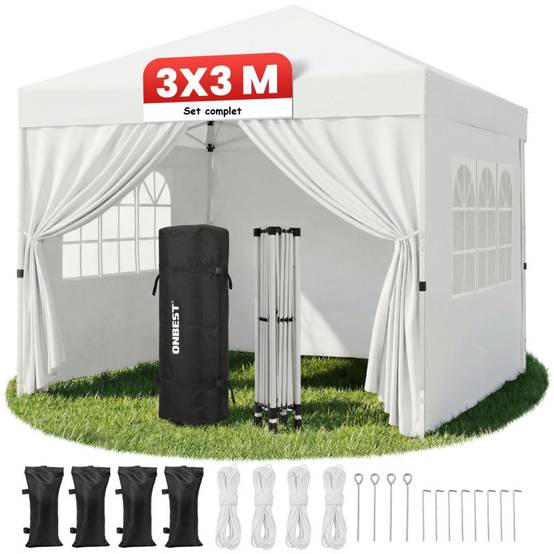 Pavillon 3x3m Tonnelle de jardin pliable rapide Blanc avec fenêtres Sac de rangement inclus - Image 2