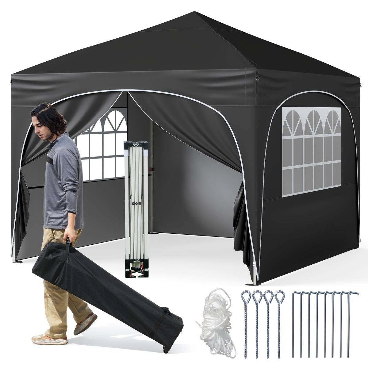 Maison Chic - Tonnelle de Jardin 3x3M avec 4 Parois Latérales Amovibles Tente de Reception Portable avec Sac à Roulettes 8 Piquets 4 Ancres Noir F351R - Image 1