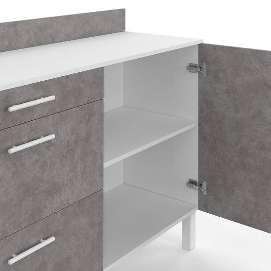 IDMARKET - Buffet bas casserolier de cuisine 120 cm CINA plan de travail H.83 cm 1 porte + 3 tiroirs blanc et effet béton - Image 5