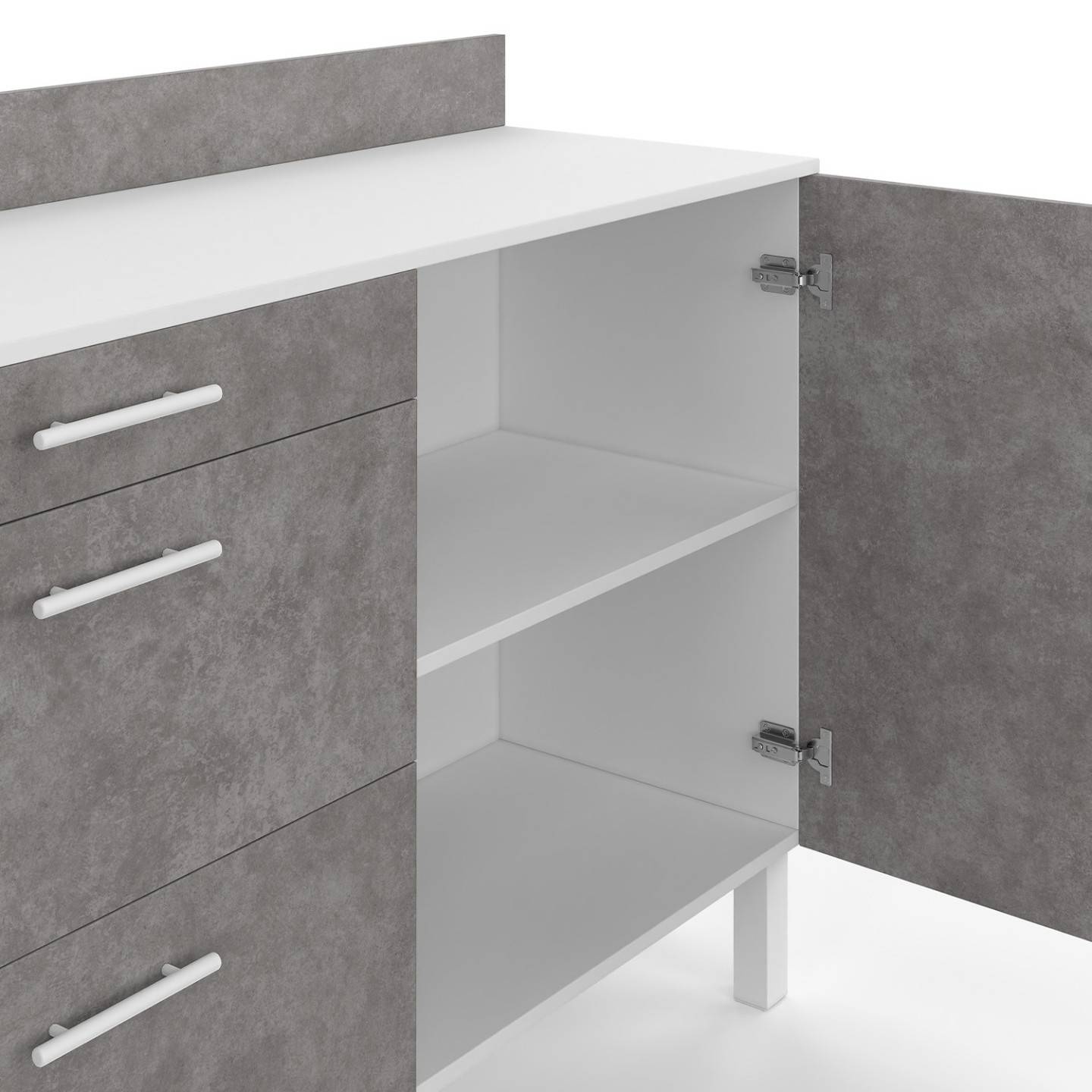 IDMARKET - Buffet bas casserolier de cuisine 120 cm CINA plan de travail H.83 cm 1 porte + 3 tiroirs blanc et effet béton - Image 5