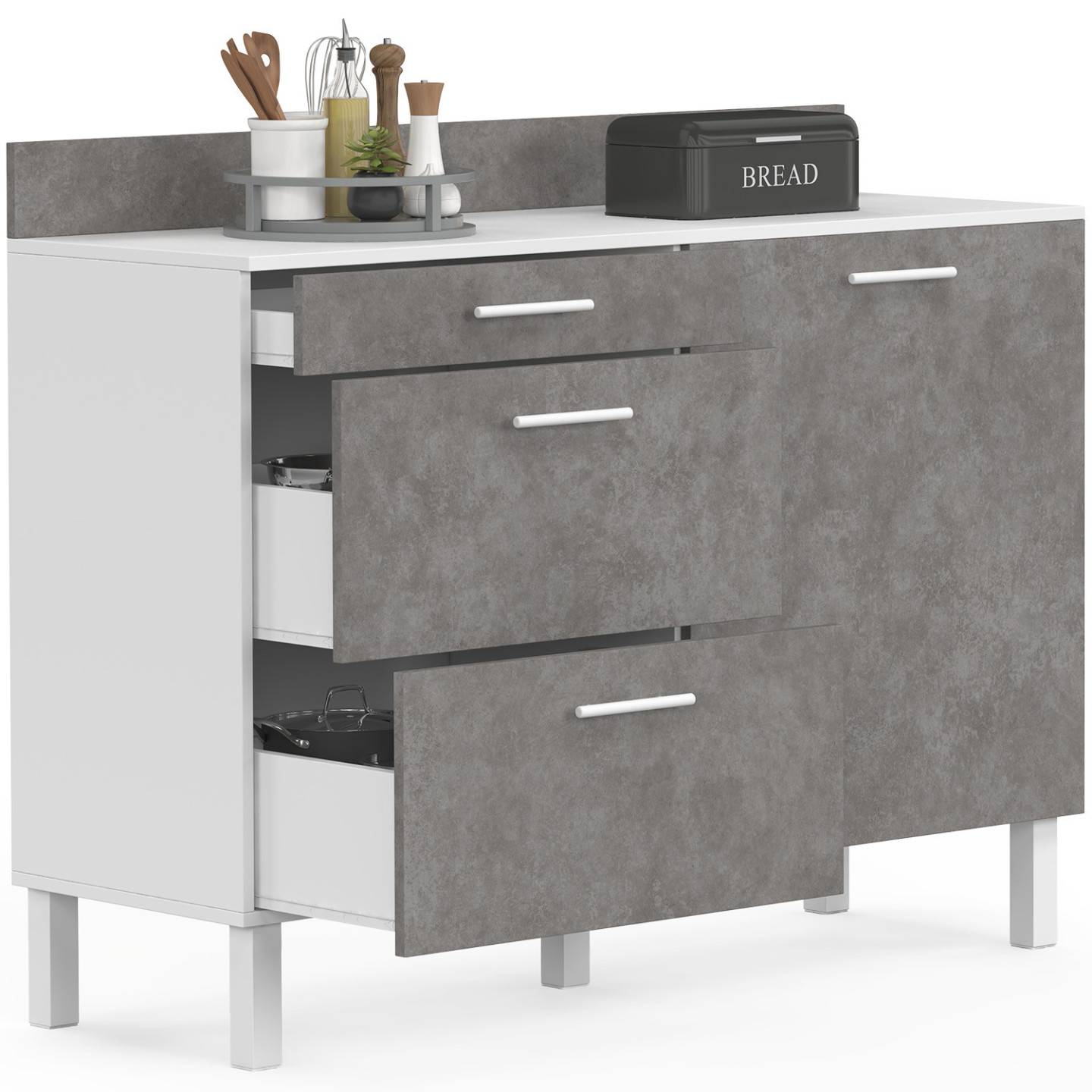 IDMARKET - Buffet bas casserolier de cuisine 120 cm CINA plan de travail H.83 cm 1 porte + 3 tiroirs blanc et effet béton - Image 1