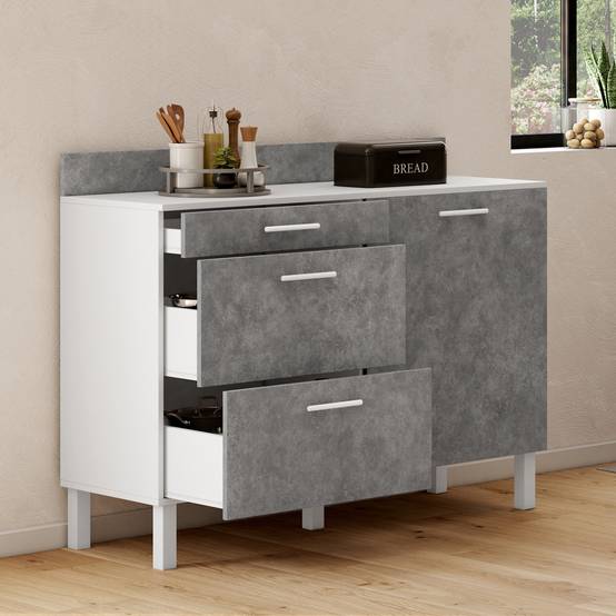 IDMARKET - Buffet bas casserolier de cuisine 120 cm CINA plan de travail H.83 cm 1 porte + 3 tiroirs blanc et effet béton - Image 2
