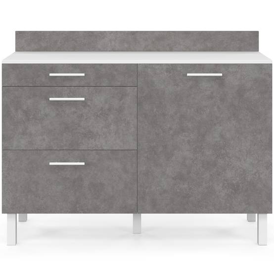 IDMARKET - Buffet bas casserolier de cuisine 120 cm CINA plan de travail H.83 cm 1 porte + 3 tiroirs blanc et effet béton - Image 3
