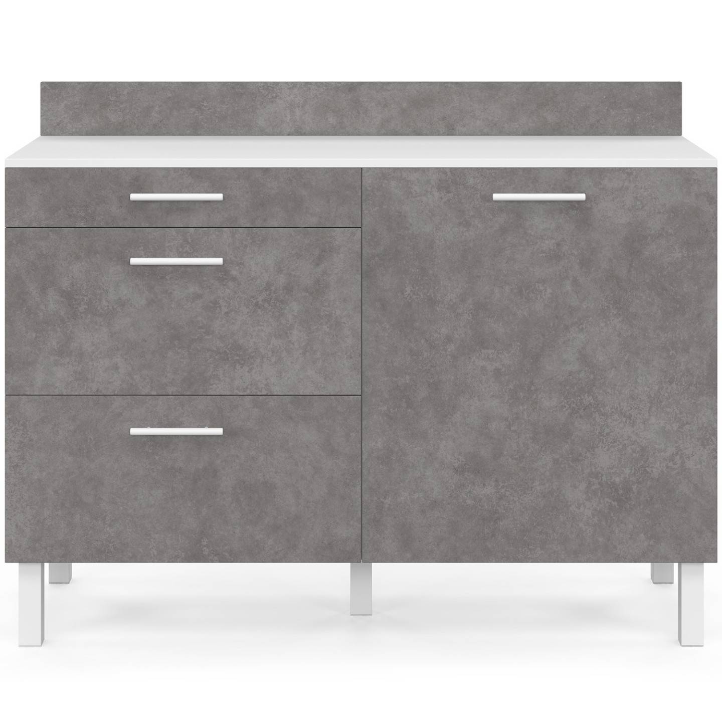 IDMARKET - Buffet bas casserolier de cuisine 120 cm CINA plan de travail H.83 cm 1 porte + 3 tiroirs blanc et effet béton - Image 3
