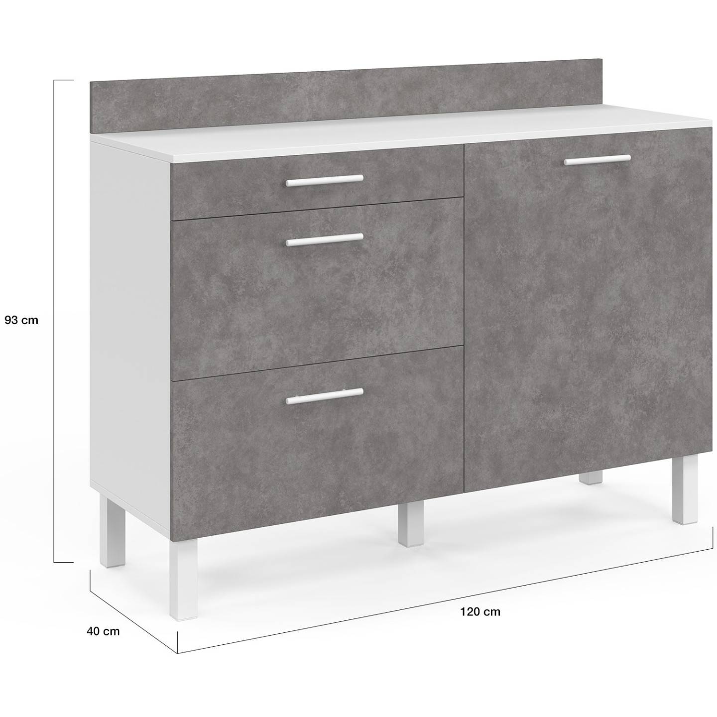 IDMARKET - Buffet bas casserolier de cuisine 120 cm CINA plan de travail H.83 cm 1 porte + 3 tiroirs blanc et effet béton - Image 4