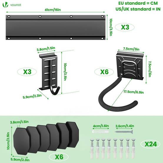 Support mural rangement pour 6 velos et 3 casques rails et crochets metal noir - Image 3