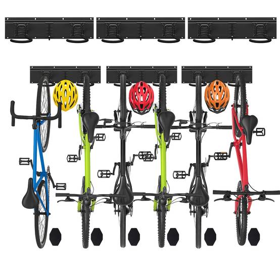 Support mural rangement pour 6 velos et 3 casques rails et crochets metal noir - Image 1