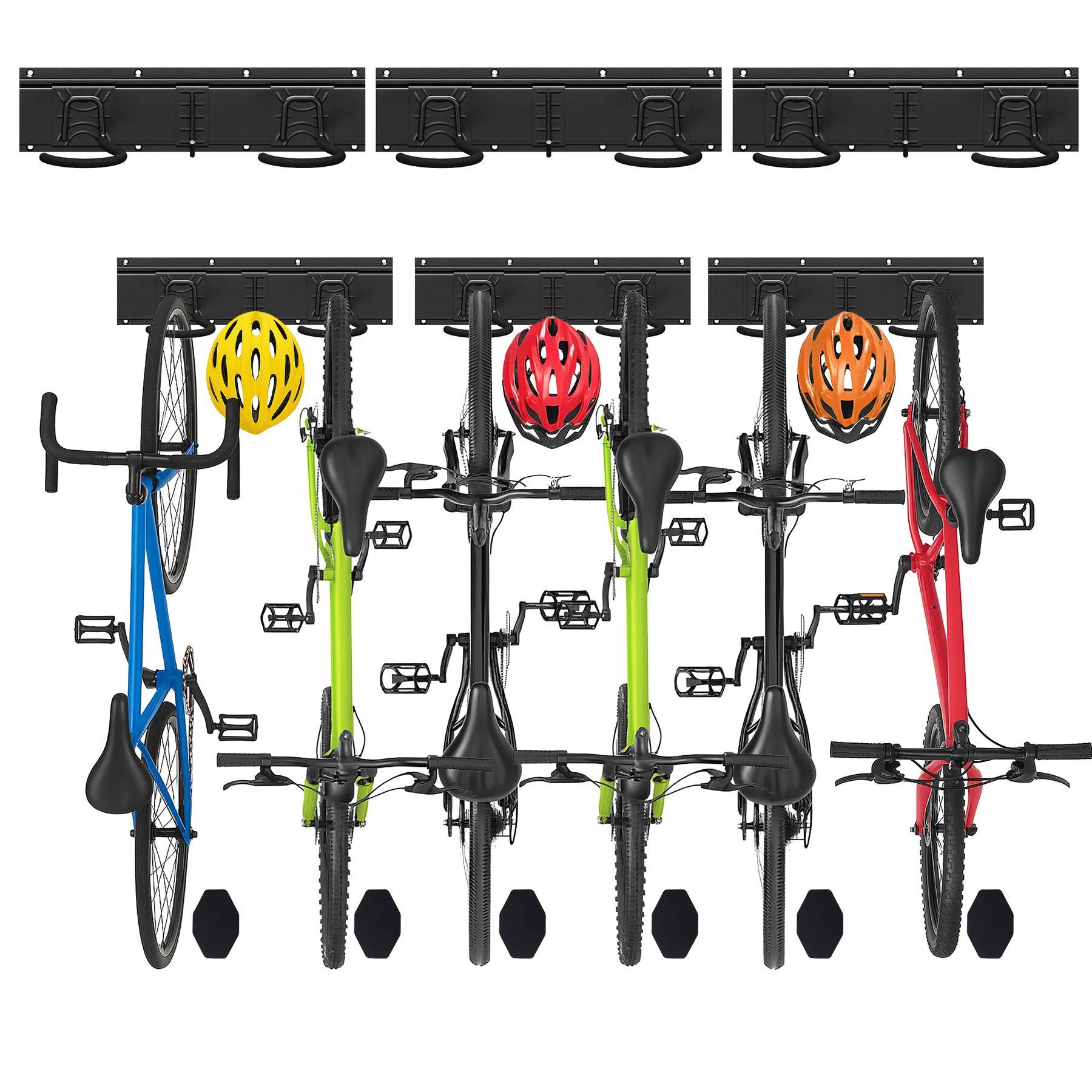 Support mural rangement pour 6 velos et 3 casques rails et crochets metal noir - Image 1