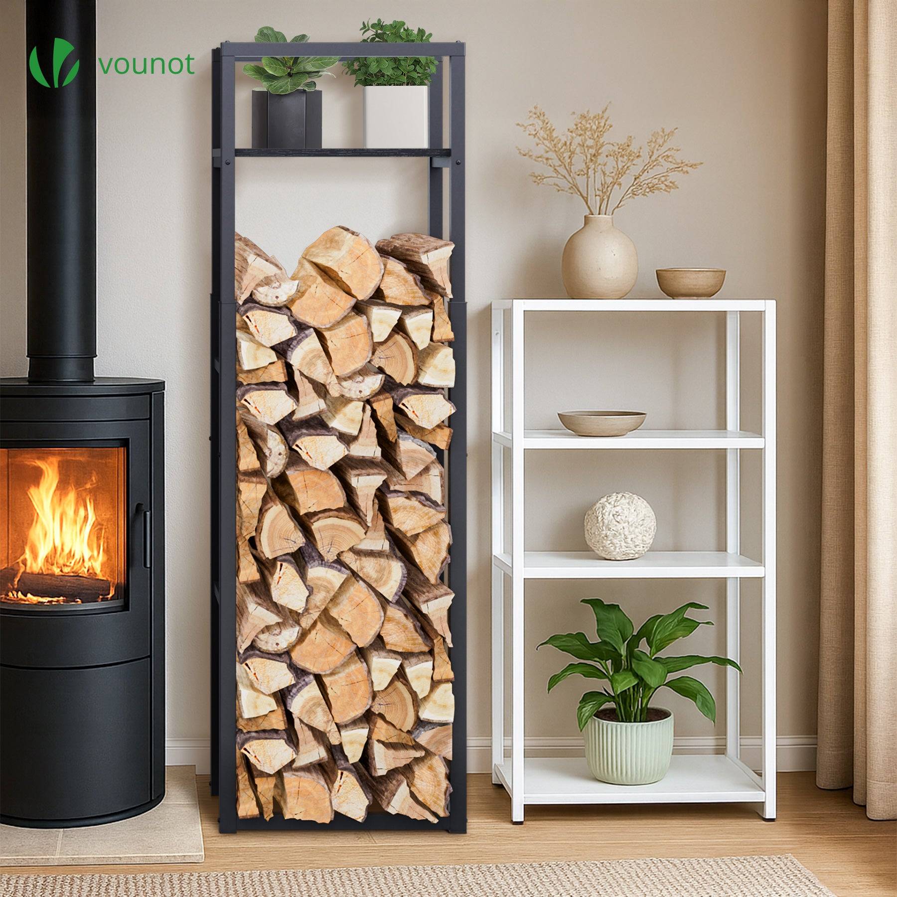 Vounot - Porte bûche vertical télescopique avec étagère 45x32x170cm - métal - range bûche pour cheminée intérieur et extérieur - noir - VOUNOT® - Image 2