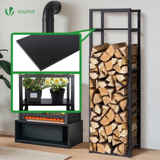 Vounot - Porte bûche vertical télescopique avec étagère 45x32x170cm - métal - range bûche pour cheminée intérieur et extérieur - noir - VOUNOT® - Image 4