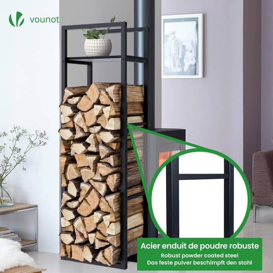 Vounot - Porte bûche vertical télescopique avec étagère 45x32x170cm - métal - range bûche pour cheminée intérieur et extérieur - noir - VOUNOT® - Image 6