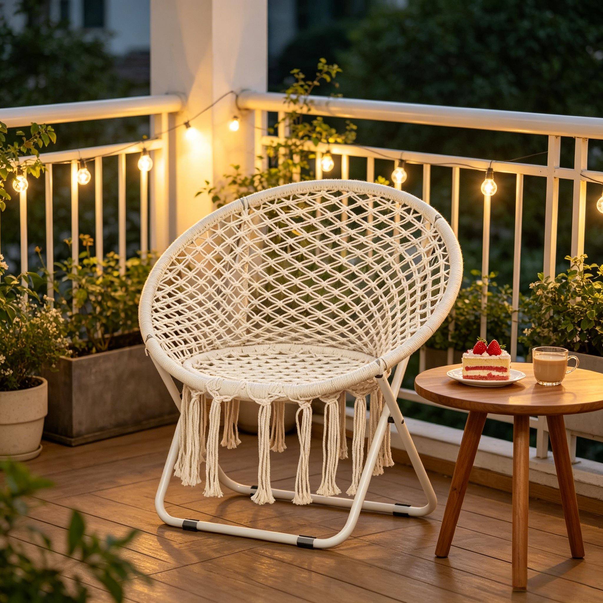 Fauteuil de jardin pliant Macramé Métal Coton Balcon Terrasse Siège rond Beige 77x64x74cm - ComfortXL Outdoor Living