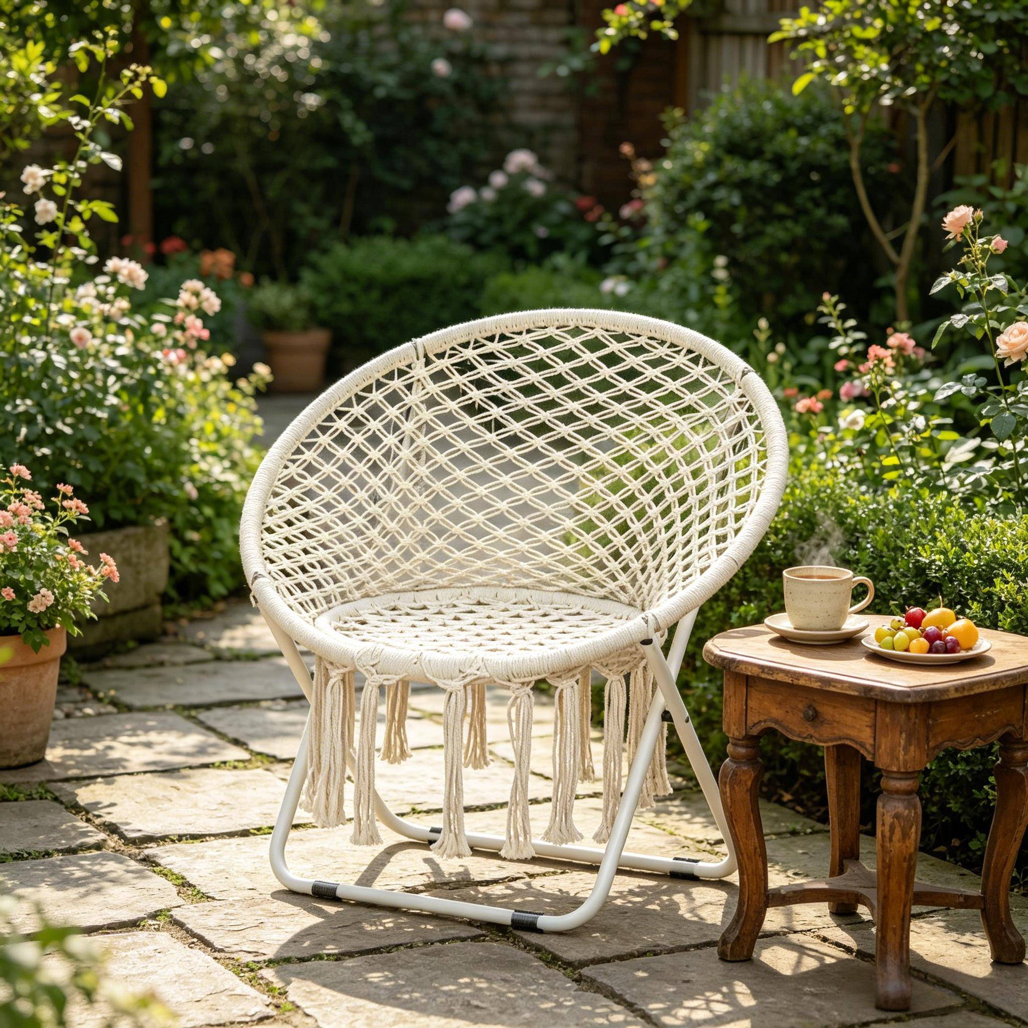 Fauteuil de jardin pliant Macramé Métal Coton Balcon Terrasse Siège rond Beige 77x64x74cm - ComfortXL Outdoor Living - Image 5