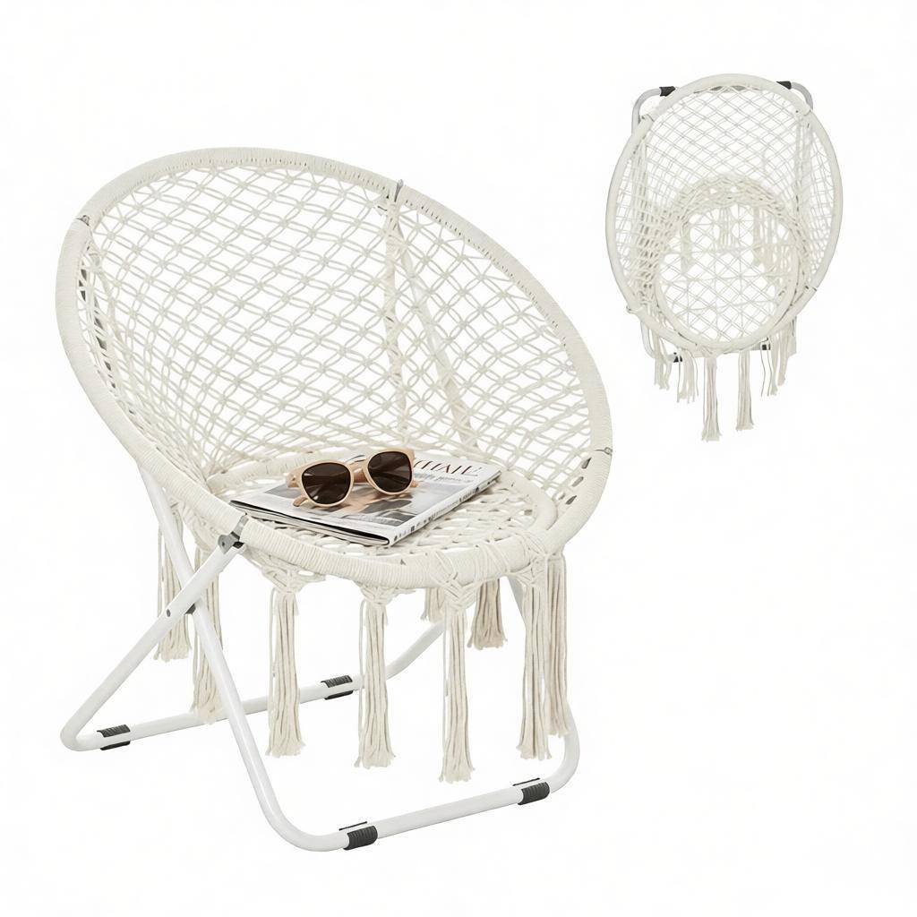 Fauteuil de jardin pliant Macramé Métal Coton Balcon Terrasse Siège rond Beige 77x64x74cm - ComfortXL Outdoor Living - Image 4