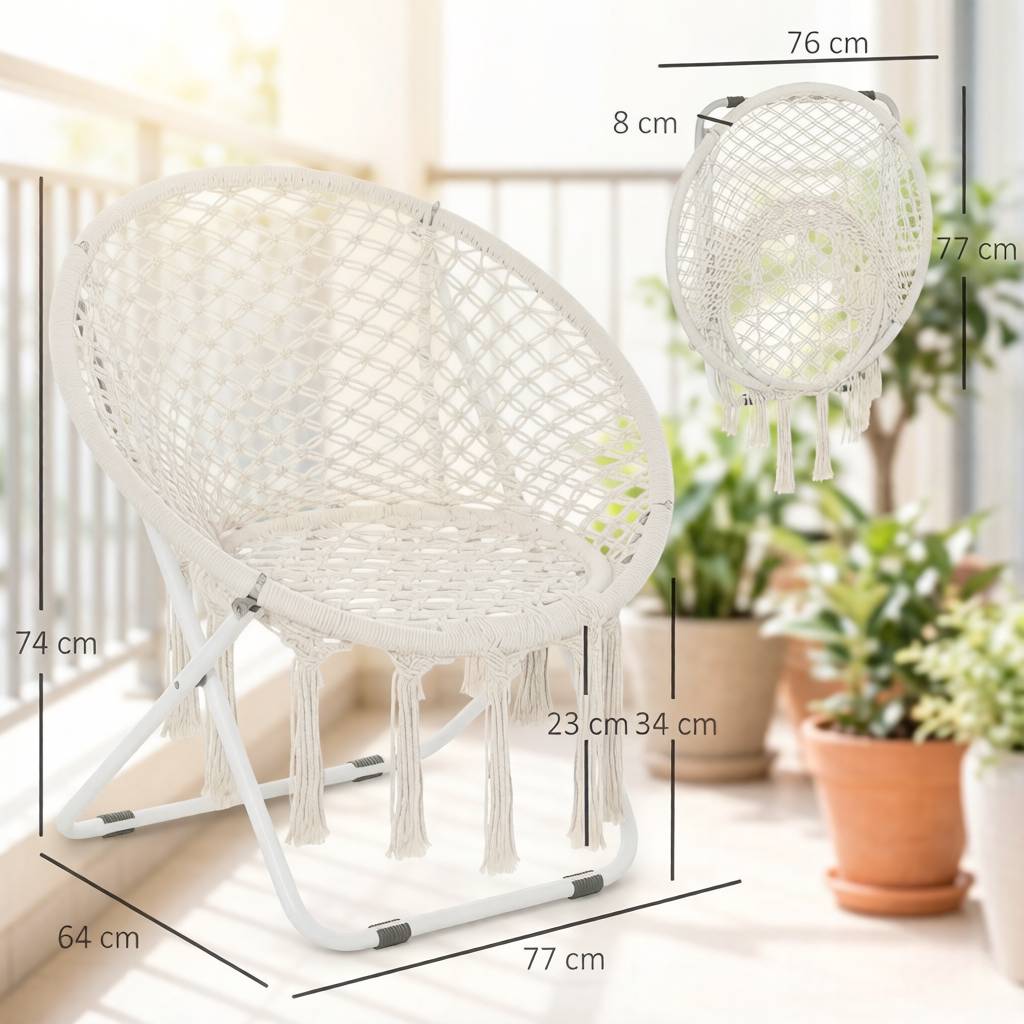Fauteuil de jardin pliant Macramé Métal Coton Balcon Terrasse Siège rond Beige 77x64x74cm - ComfortXL Outdoor Living - Image 7