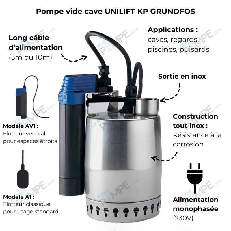 Pompe de relevage vide cave Grundfos UNILIFTKP250A1 0,48 KW fixe ou mobile - Monophasé 220V - Jusqu'à 10M3/H - Eau usée - Usage domestique ou industri - Image 2