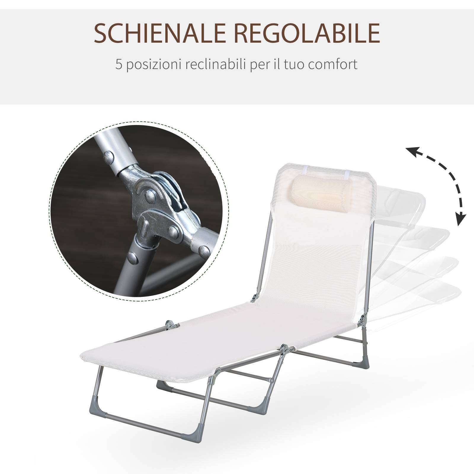 Transat de jardin pliant avec dossier inclinable et coussin, en métal et textilène, 182 x 56 x 28 cm, crème - Image 6