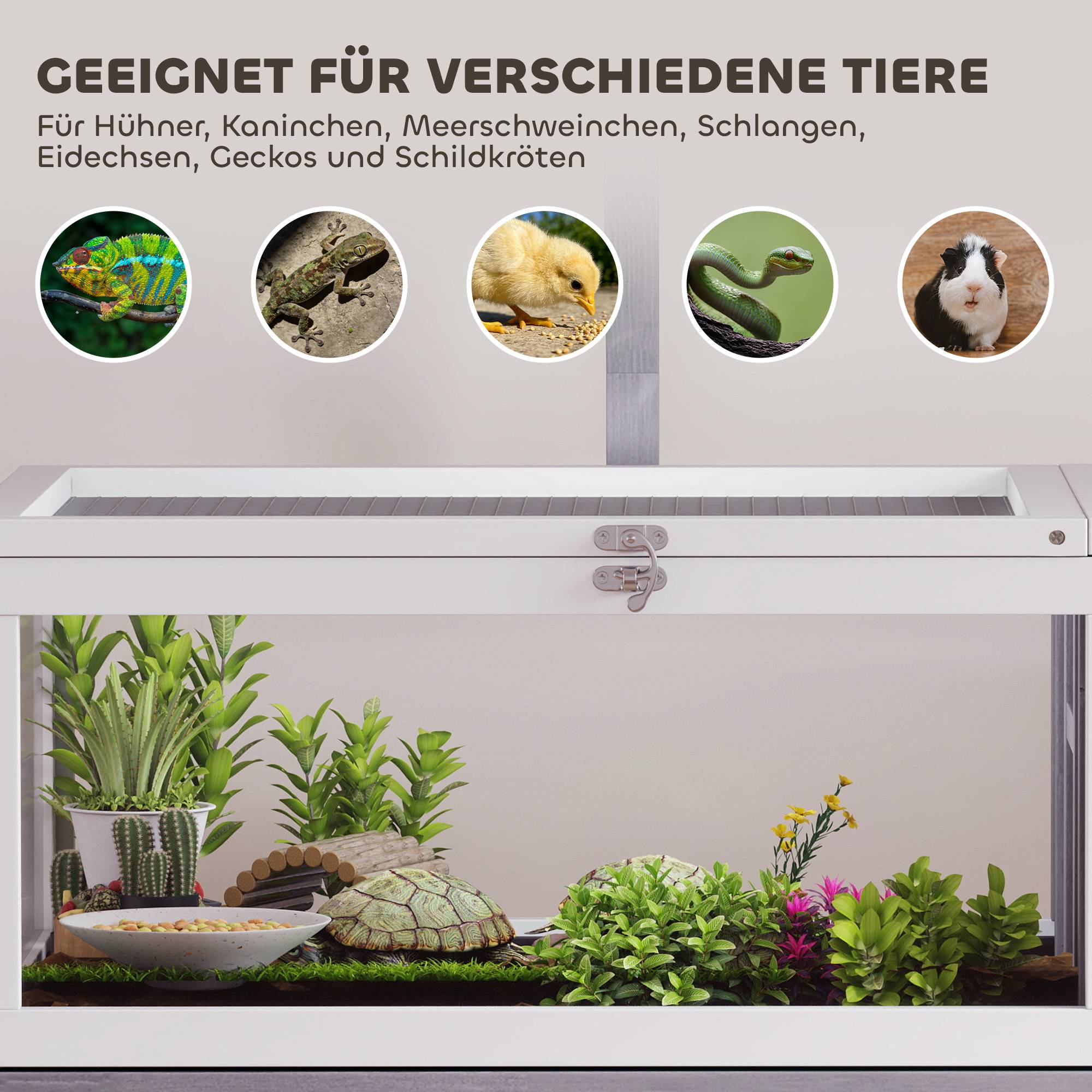 Maison pour tortues en bois avec maison principale, fenêtre, couvercle, 104x53x82 cm, blanc et gris - Image 10