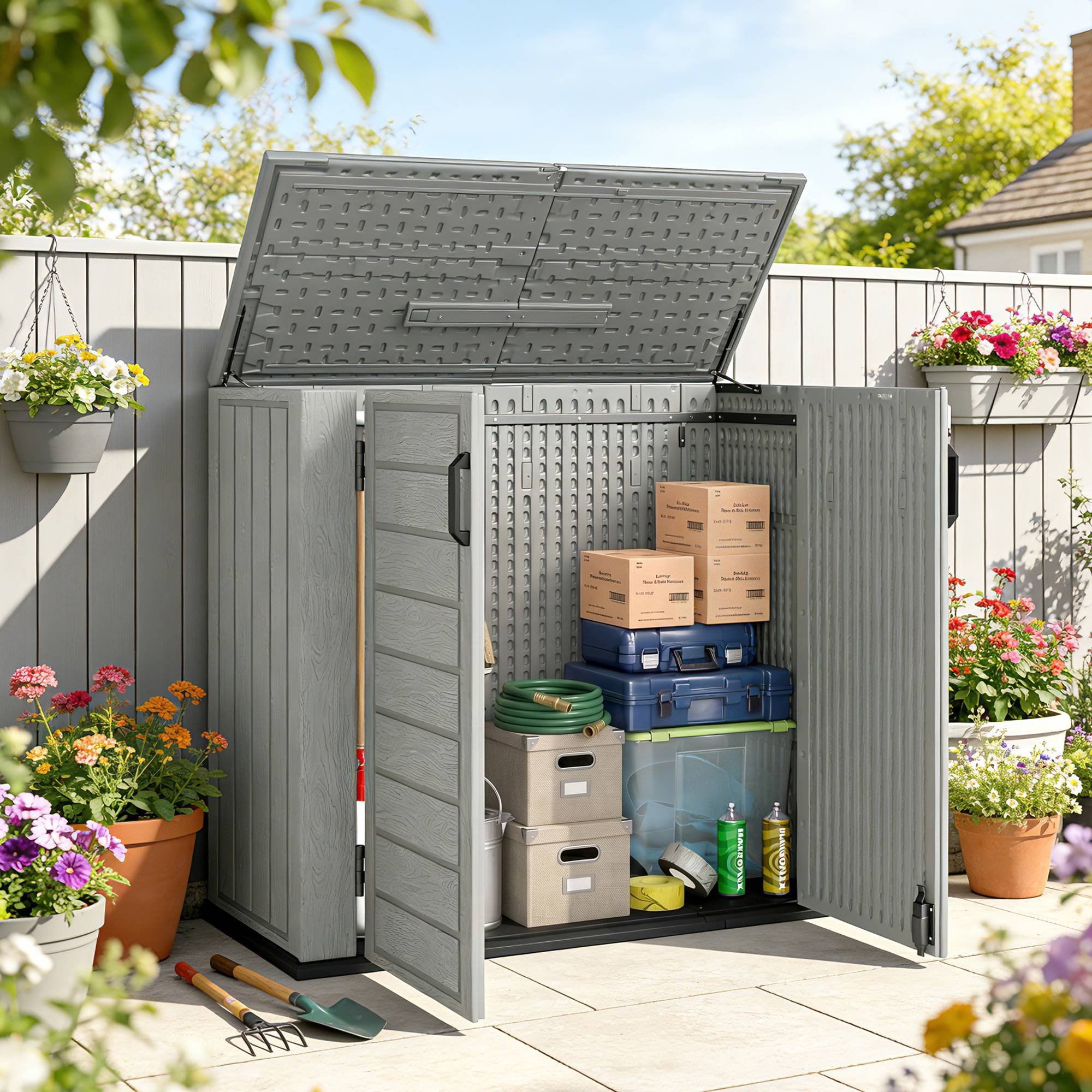 Abri jardin HDPE 940L, couvercle rabattable, 2 portes, serrure 142x67x119cm gris clair - Image 4