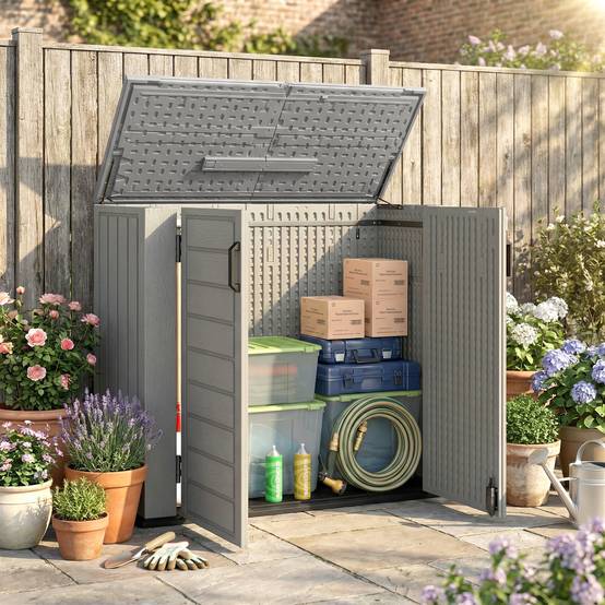 Abri jardin HDPE 940L, couvercle rabattable, 2 portes, serrure 142x67x119cm gris clair - Image 10