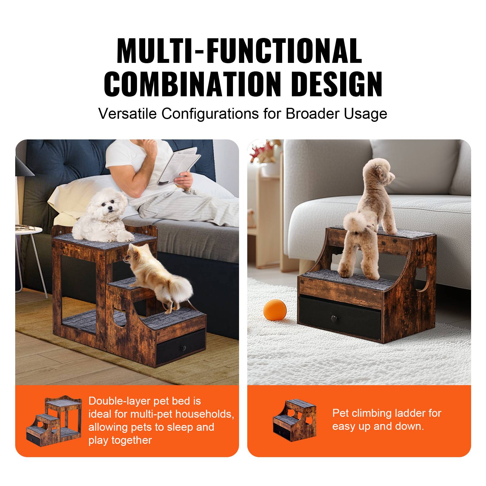 VEVOR Lit superposé pour animaux avec escaliers amovibles, perchoir fenêtre et rangement, marron rustique pour intérieur. - Image 3