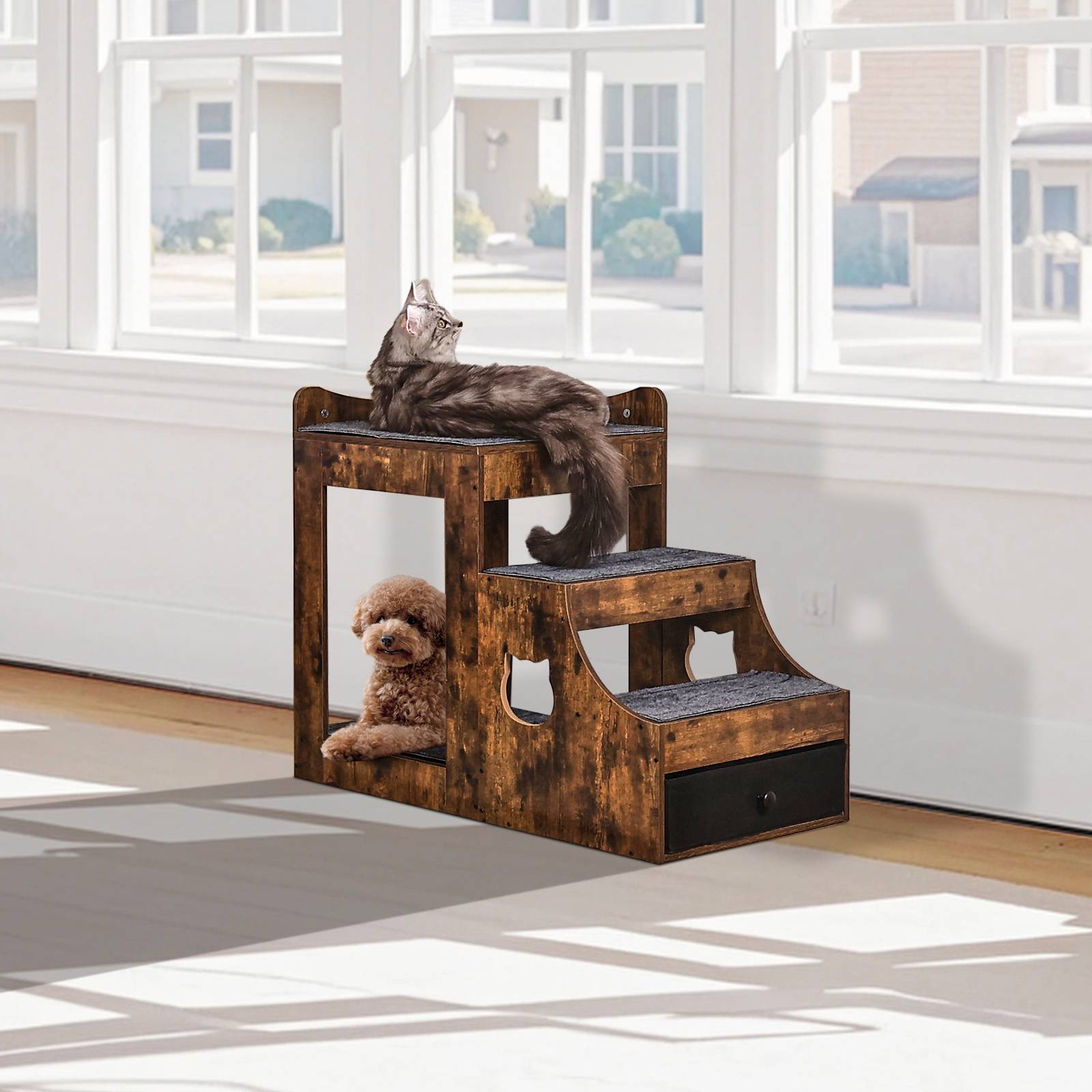 VEVOR Lit superposé pour animaux avec escaliers amovibles, perchoir fenêtre et rangement, marron rustique pour intérieur. - Image 8