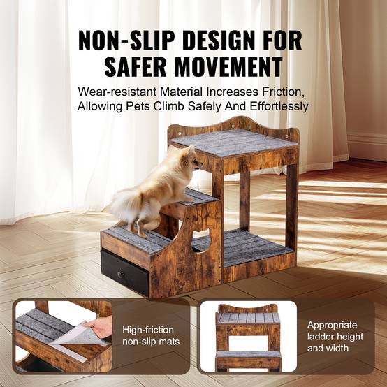 VEVOR Lit superposé pour animaux avec escaliers amovibles, perchoir fenêtre et rangement, marron rustique pour intérieur. - Image 5