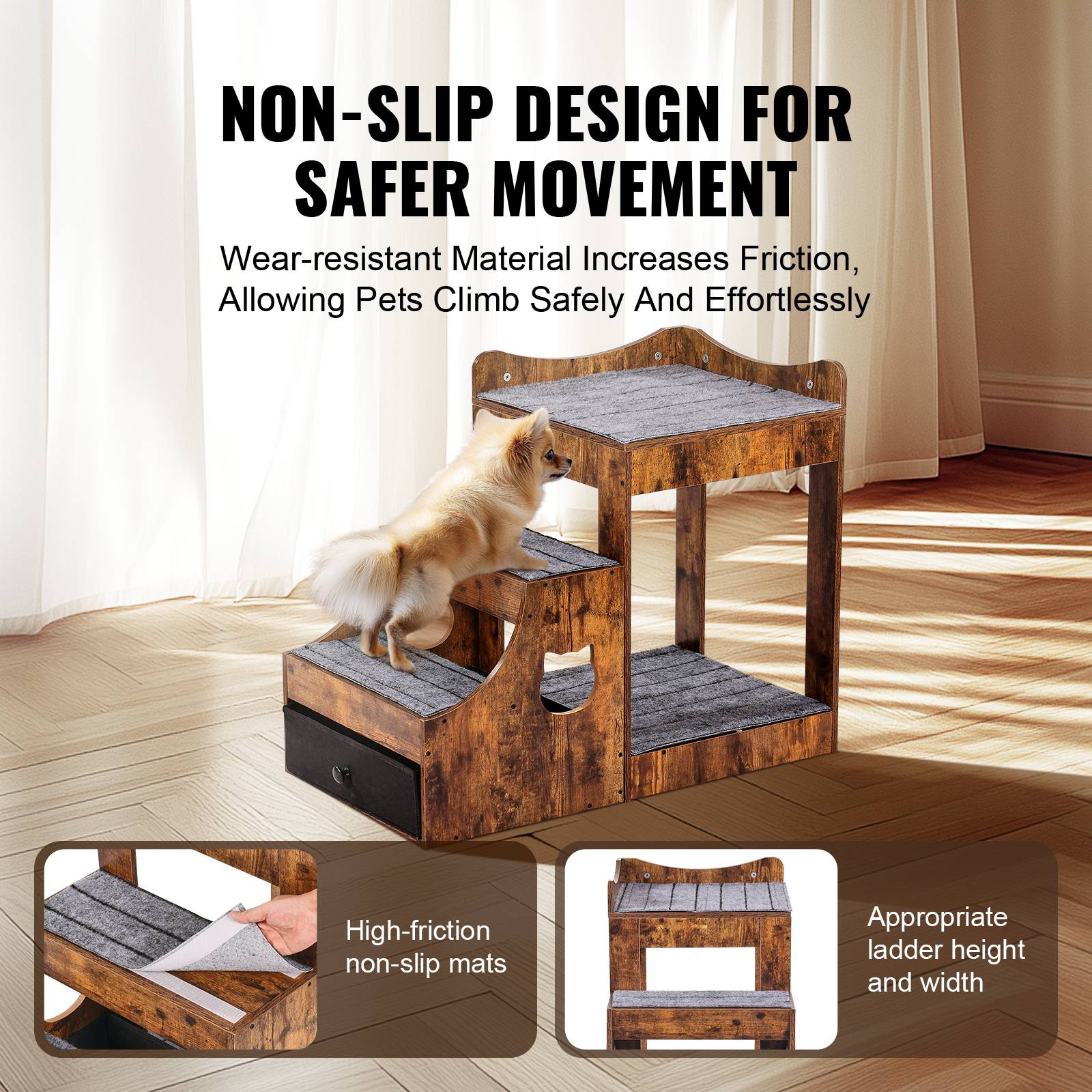 VEVOR Lit superposé pour animaux avec escaliers amovibles, perchoir fenêtre et rangement, marron rustique pour intérieur. - Image 5